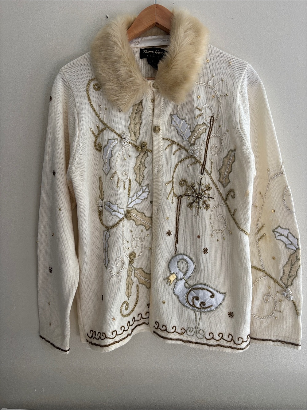 Cream Embellished Faux-Fur Collar Jacket